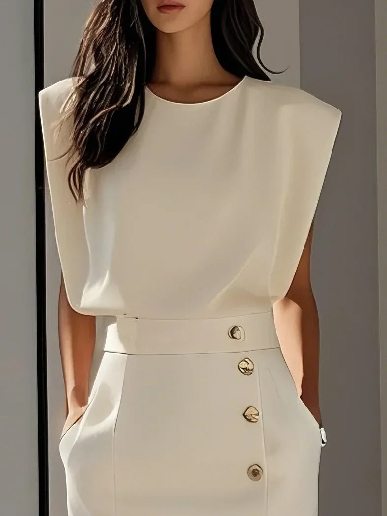 Babette | Jednolita sukienka midi z rozcięciem na guziki i okrągłym dekoltem