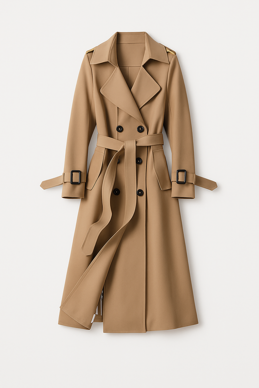 Klasyczny Trencz Damski | Dwurzędowy | Pasek w Talii