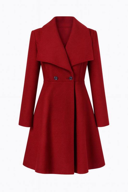 Damski Elegancki Płaszcz w Kolorze Czerwonym | Taliowany Krój | Klasyczny Dwurzędowy Design