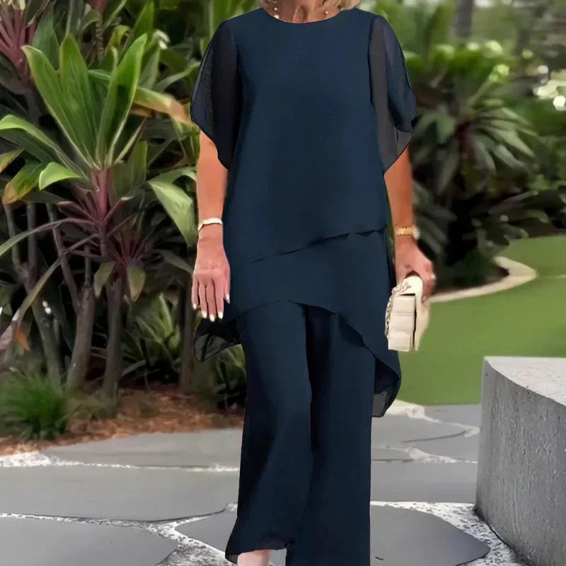 Beata – Elegancki nieregularny komplet top i spodnie