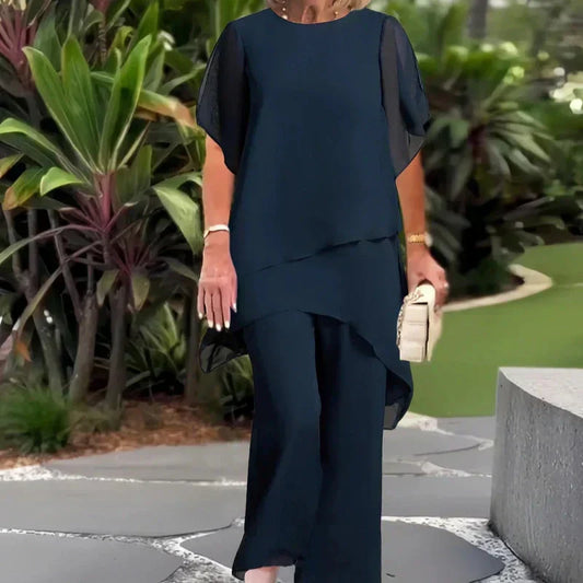 Beata – Elegancki nieregularny komplet top i spodnie